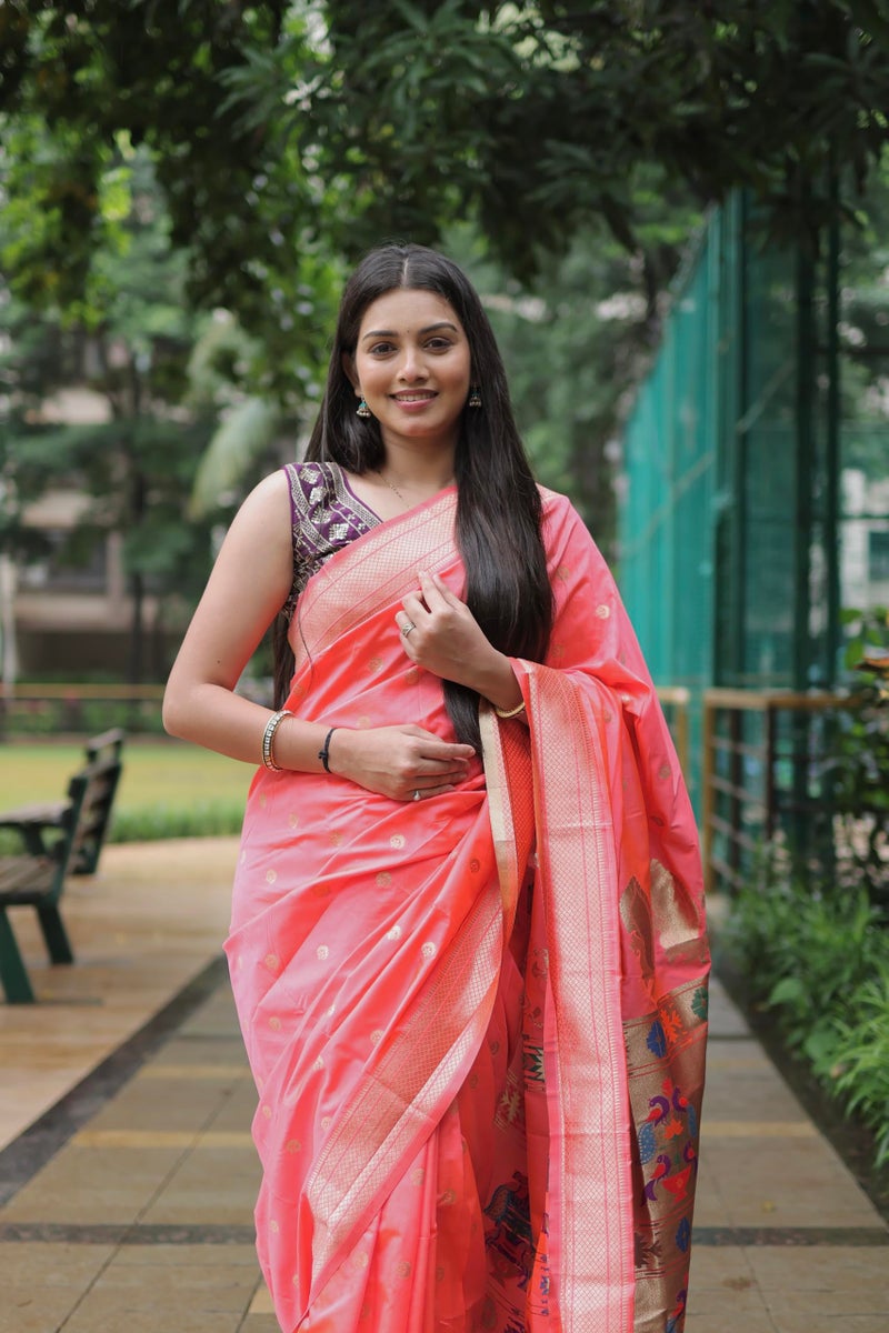 AMIRAT Women's Paithani Silk Saree with Woven Zari | Sari for Women | Kanjivaram Silk Sarees With Blouse (Peach) - Image 3