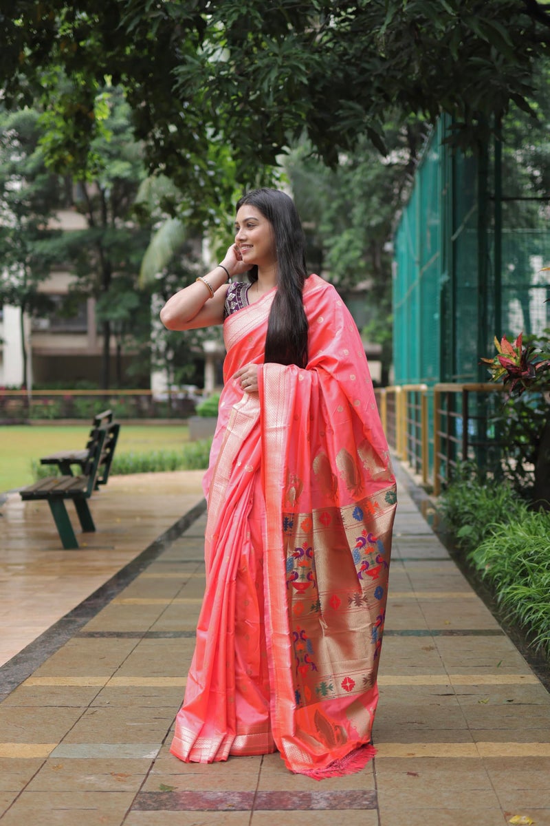 AMIRAT Women's Paithani Silk Saree with Woven Zari | Sari for Women | Kanjivaram Silk Sarees With Blouse (Peach) - Image 4