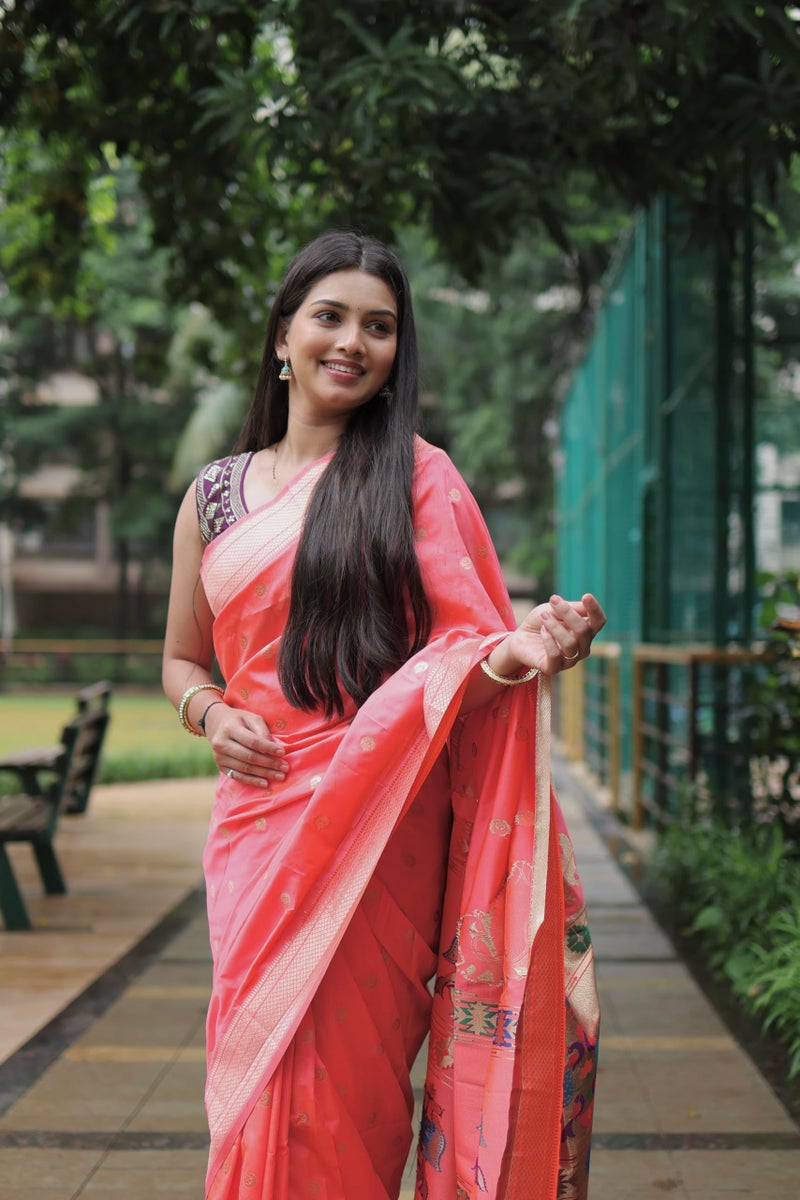 AMIRAT Women's Paithani Silk Saree with Woven Zari | Sari for Women | Kanjivaram Silk Sarees With Blouse (Peach) - Image 5