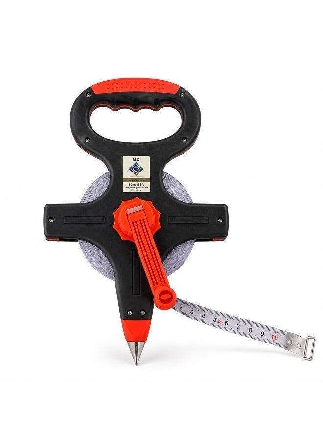MQ 50m / 165ft Steel Measuring Tape with Open Reel and Hand Crank, Black/Orange - Image 1