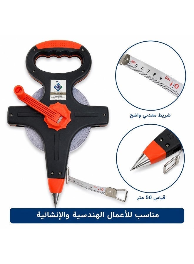 MQ 50m / 165ft Steel Measuring Tape with Open Reel and Hand Crank, Black/Orange - Image 5