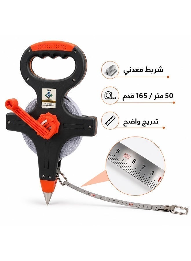 MQ 50m / 165ft Steel Measuring Tape with Open Reel and Hand Crank, Black/Orange - Image 4