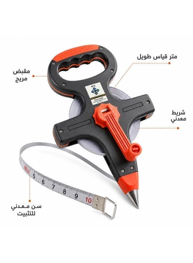 MQ 50m / 165ft Steel Measuring Tape with Open Reel and Hand Crank, Black/Orange - Image 3