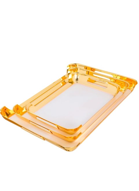 Al Saif Gallery steel tray set with gold edges, 3 pieces, rectangular - white