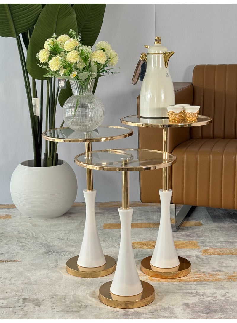 Living 3-piece glass serving table set with gold/white stainless steel bases - Image 3