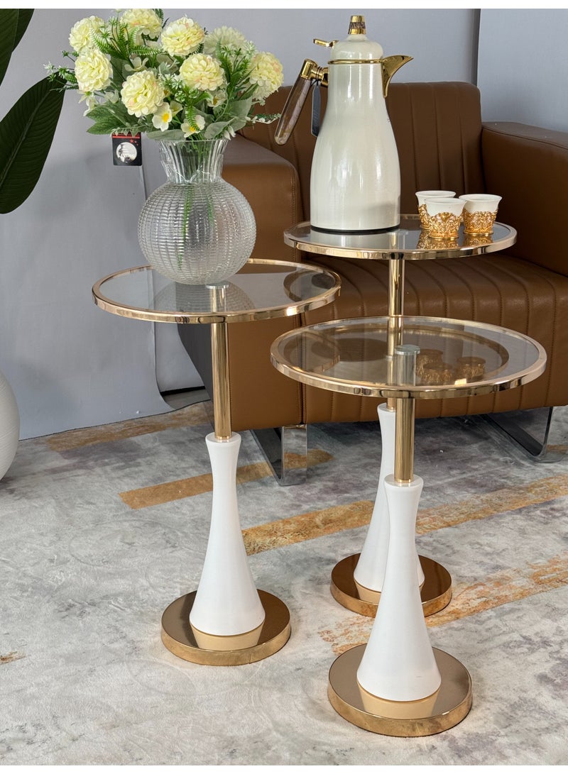 Living 3-piece glass serving table set with gold/white stainless steel bases - Image 4