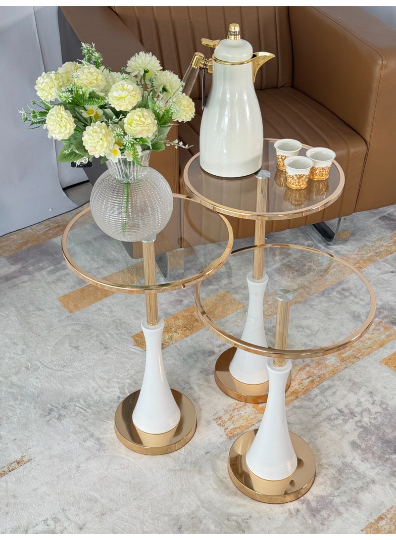Living 3-piece glass serving table set with gold/white stainless steel bases - Image 5