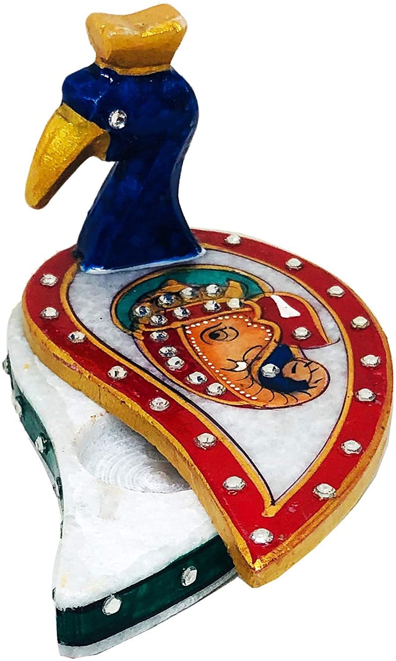 Craftomanic Handcrafted Rajasthani Peacock Ganesha Design Chopra Tika and Sindoor Box Decorative Kumkum Box with Kundan Work Multicolour - Image 1