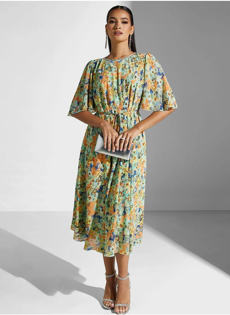 جولدن ابل Printed Tie Detailed  Dress