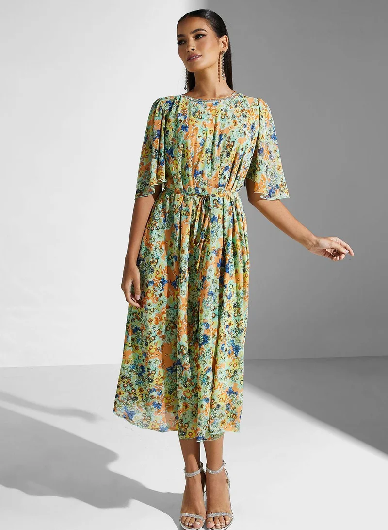 جولدن ابل Printed Tie Detailed  Dress
