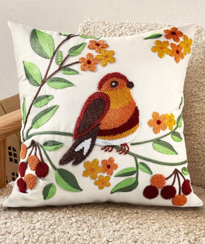 Kokaaee Embroidered Throw Pillow Cover 18x18 Decorative Pillow Cover with Zipper Aesthetic Cute Design Boho Spring Summer Throw Pillowcase for Living Room Couch Sofa Bed Tree Bird - Image 1