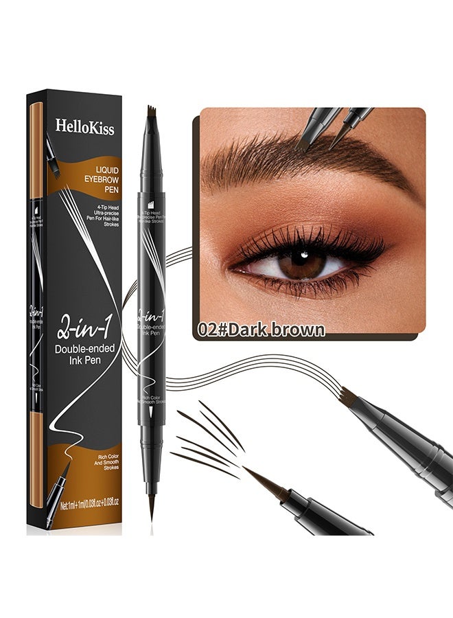 HelloKiss Liquid Eyebrow Pen, 2-In-1 Dual-Ended Ink Pen, 2-In-1 Dual-Ended Eyebrow Pencil with 4-Prong Micro Fork Tip Applicator & Precise Brush Tip Creates Natural Eyebrows, Dark Brown, 1ml+1ml - Image 1