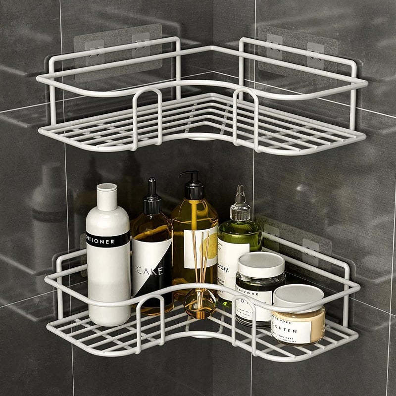 Wrought Iron Wall Shelf Set for Bathroom and Kitchen - 2 Piece - Elegant Corner Design with Suction Cup - Shower Shelf for Shampoo Storage, Available Exclusively in Prime Shop (White)