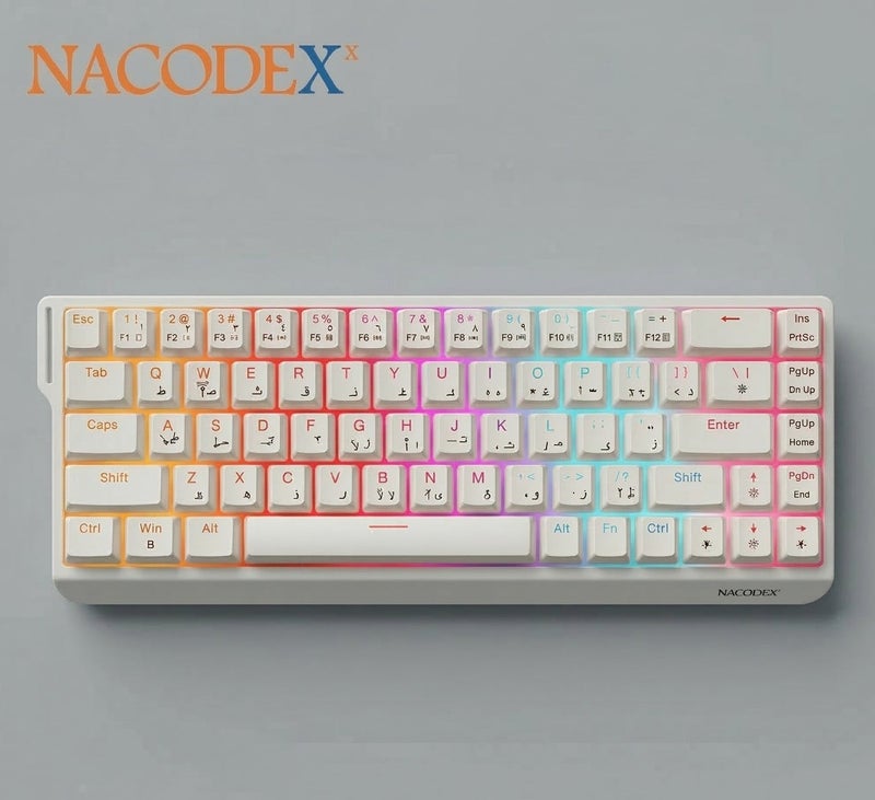 ناكوديكس كيبورد ألعاب احترافي NACODEX مدمج (عربي/إنجليزي)، إضاءة RGB متعددة الألوان، تصميم ميني أبيض أنيق للسيت اب والقيمنق - Image 4