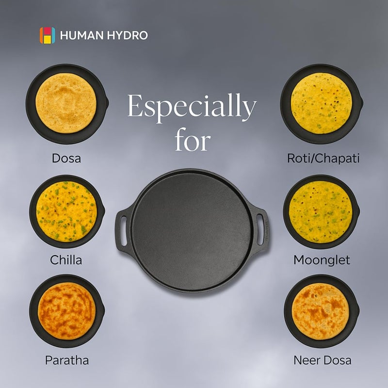 Human Hydro مجموعة أواني الطهي من الحديد الزهر | مقلاة بانيارام 9 فتحات، طاوة دوسا 30 سم و كاداي 23 سم | مُتَجَهِّز مسبقًا، غير لاصق طبيعي، متوافق مع الحث و الغاز | مجموعة أواني طهي تقليدية ثقيلة-duty - Image 5