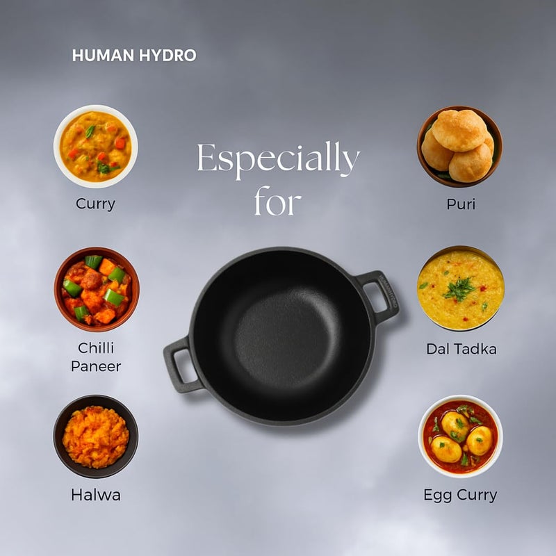 Human Hydro مجموعة أواني الطهي من الحديد الزهر | مقلاة بانيارام 9 فتحات، طاوة دوسا 30 سم و كاداي 23 سم | مُتَجَهِّز مسبقًا، غير لاصق طبيعي، متوافق مع الحث و الغاز | مجموعة أواني طهي تقليدية ثقيلة-duty - Image 4