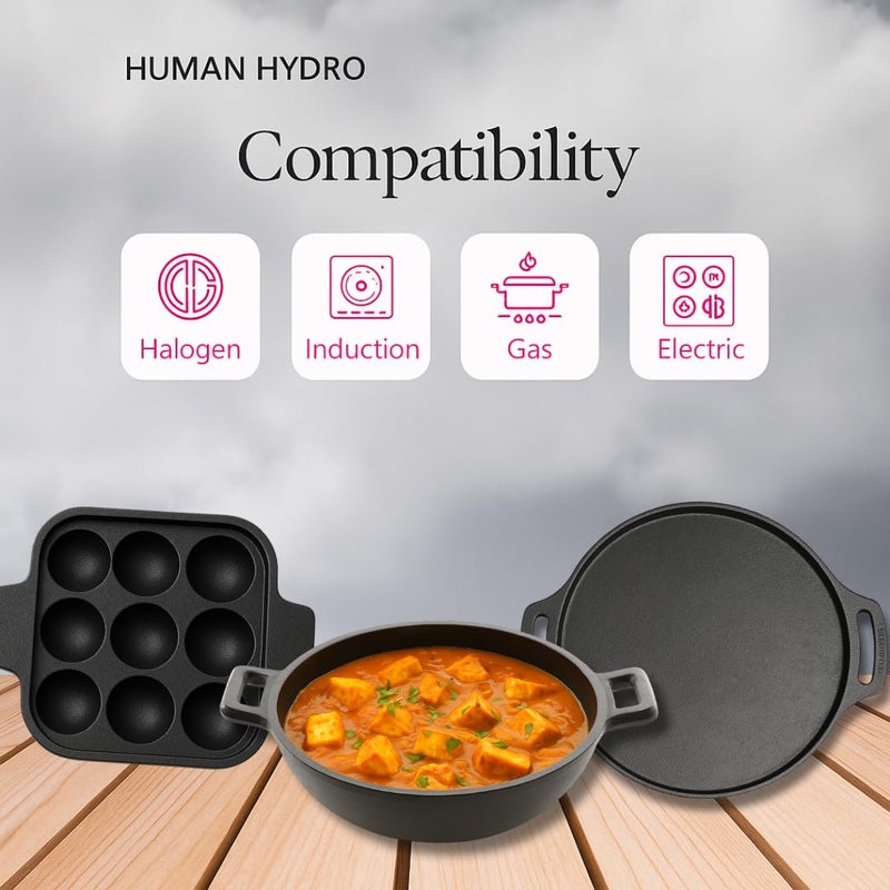 Human Hydro مجموعة أواني الطهي من الحديد الزهر | مقلاة بانيارام 9 فتحات، طاوة دوسا 30 سم و كاداي 23 سم | مُتَجَهِّز مسبقًا، غير لاصق طبيعي، متوافق مع الحث و الغاز | مجموعة أواني طهي تقليدية ثقيلة-duty - Image 3