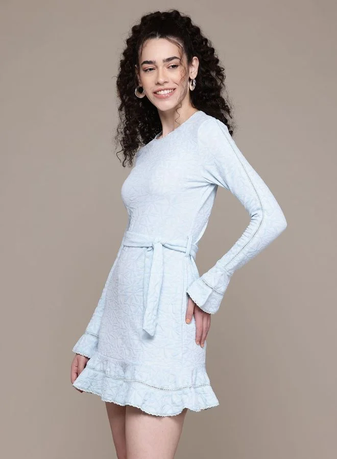 Freehand  Women Regular Fit Textured Crew Neck Long Sleeve Mini Dress for Women | Best Price UAE