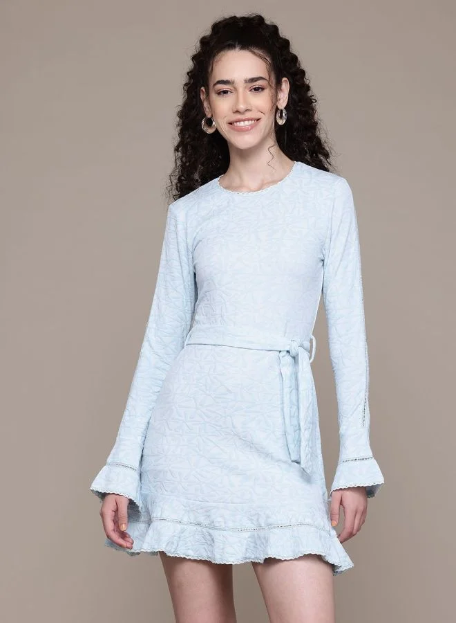 Women Regular Fit Textured Crew Neck Long Sleeve Mini Dress