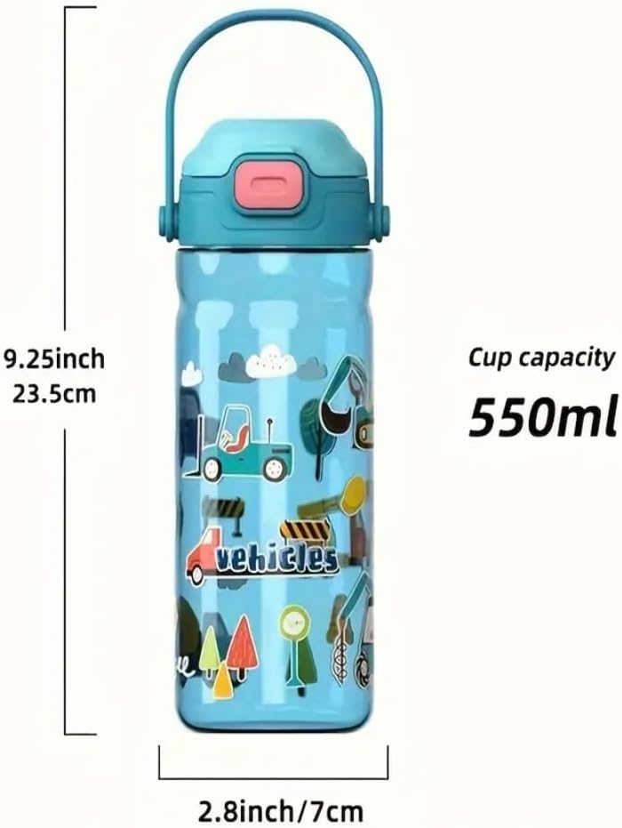 UKR Button Straw Water Bottle 550 ml Boys Blue Leakproof School Kids 18 oz Automatic Drinking Bottle Toddlers Press On Refillable BPA free (Vehicles) - Image 1
