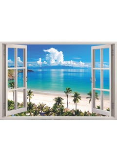 Paper Plane Design PAPER PLANE DESIGN 3D Depth Illusion Window Framed Wide Ocean Beach Vivid View Open Waters Sea View Vinyl Wall Decal Sticker (Multicolour, 90x60 cm)  - Image 1