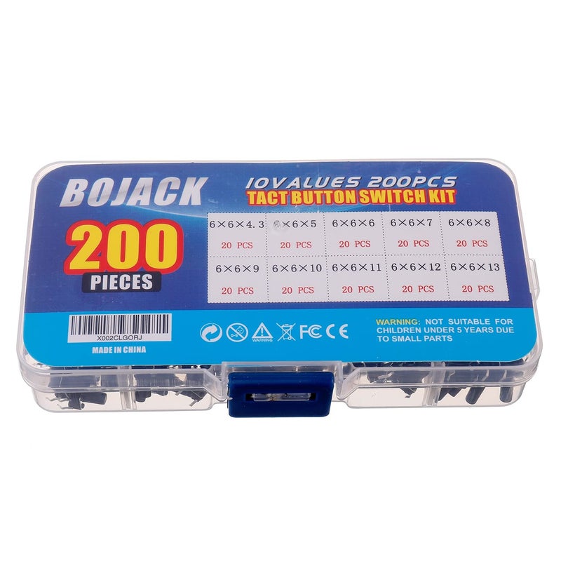 BOJACK 10 Values 200 Pcs 6x6 mm Tactile Pushbutton Switches 4 Pin Momentary Push Button Switches Assortment Kit - Image 3