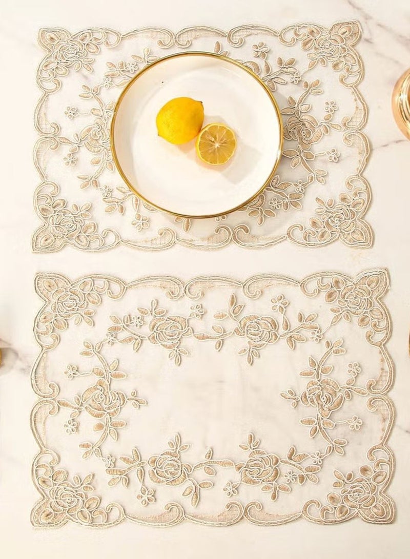 Lace Placemats, 1 Piece Embroidered Table Mats, Double Layer Mesh Dining Mats, 30x42 cm Heat Resistant Hollow Out Coasters, Vintage Style Table Decor for Ramadan and Wedding (Beige) - Image 1