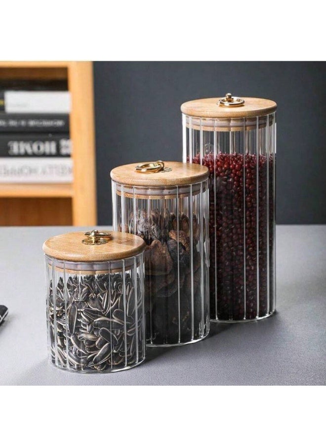 Glass storage jars with wooden lids, 3 pieces, striped design, gold ring, airtight kitchen containers - Image 1