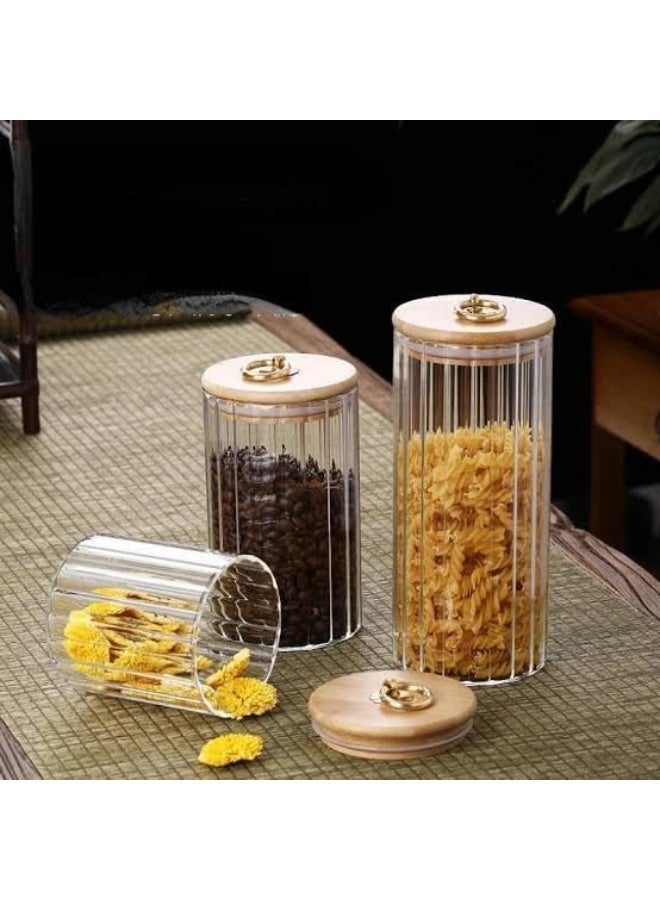 Glass storage jars with wooden lids, 3 pieces, striped design, gold ring, airtight kitchen containers - Image 3