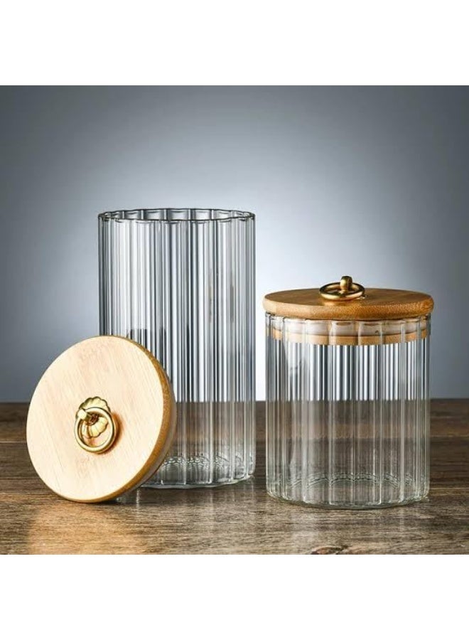 Glass storage jars with wooden lids, 3 pieces, striped design, gold ring, airtight kitchen containers - Image 2