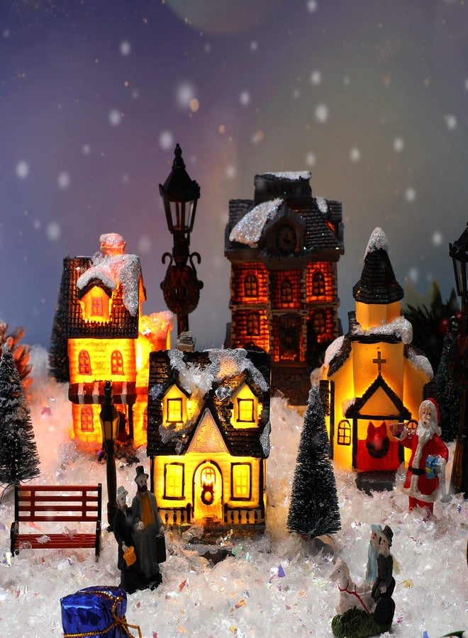 Queekay 17 Pcs Resin Lighted Christmas Village Houses with Figurines Town Set Christmas Village Accessories Collectible Buildings Xmas Winter Decorations for Indoor Room - Image 4