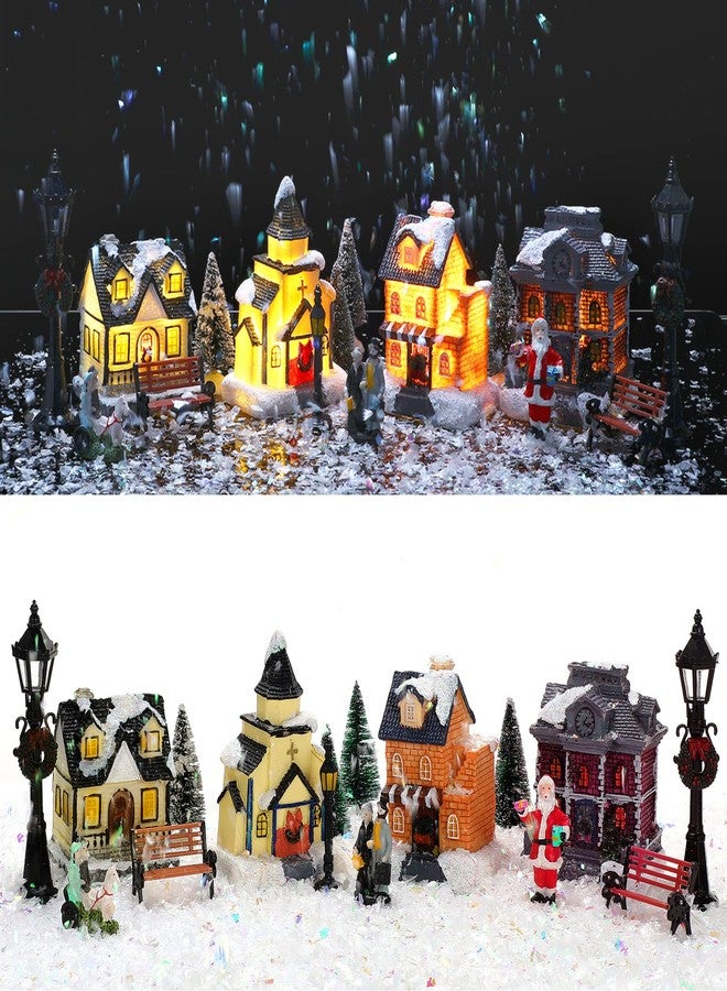 Queekay 17 Pcs Resin Lighted Christmas Village Houses with Figurines Town Set Christmas Village Accessories Collectible Buildings Xmas Winter Decorations for Indoor Room - Image 1