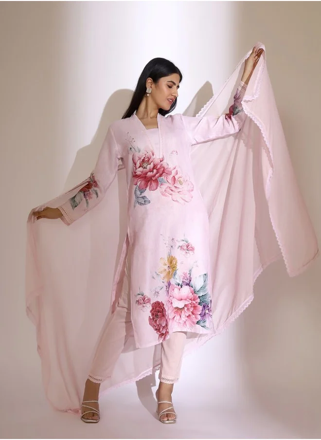 ISHIN Straight Fit Printed Pattern Round Neck Long Sleeves Pink Colour Knitted Cotton Kurta Set for Women with Semi Elastic Closure - Crafted for Elegance and Ease