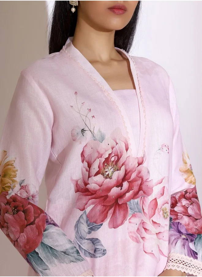 ISHIN Straight Fit Printed Pattern Round Neck Long Sleeves Pink Colour Knitted Cotton Kurta Set for Women with Semi Elastic Closure - Crafted for Elegance and Ease