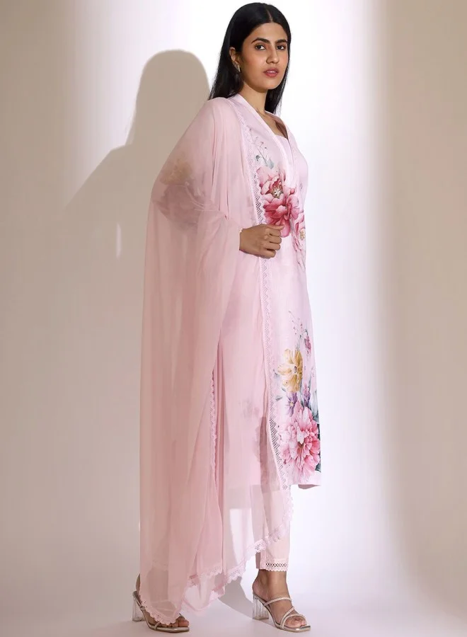 ISHIN Women's Pink 100% Cotton Printed Straight Fit Kurta Set