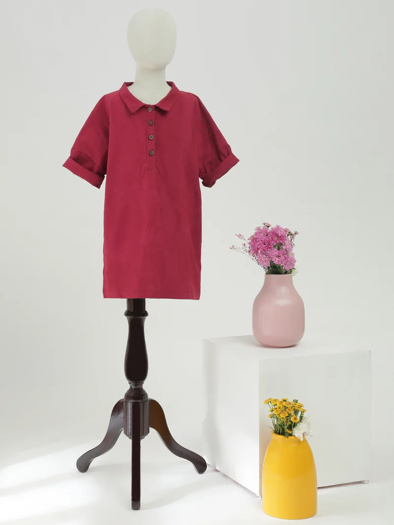 جلو باص Globus Girls Red Collared Neck Short Sleeves A-Line Straight Hem Mini Dress