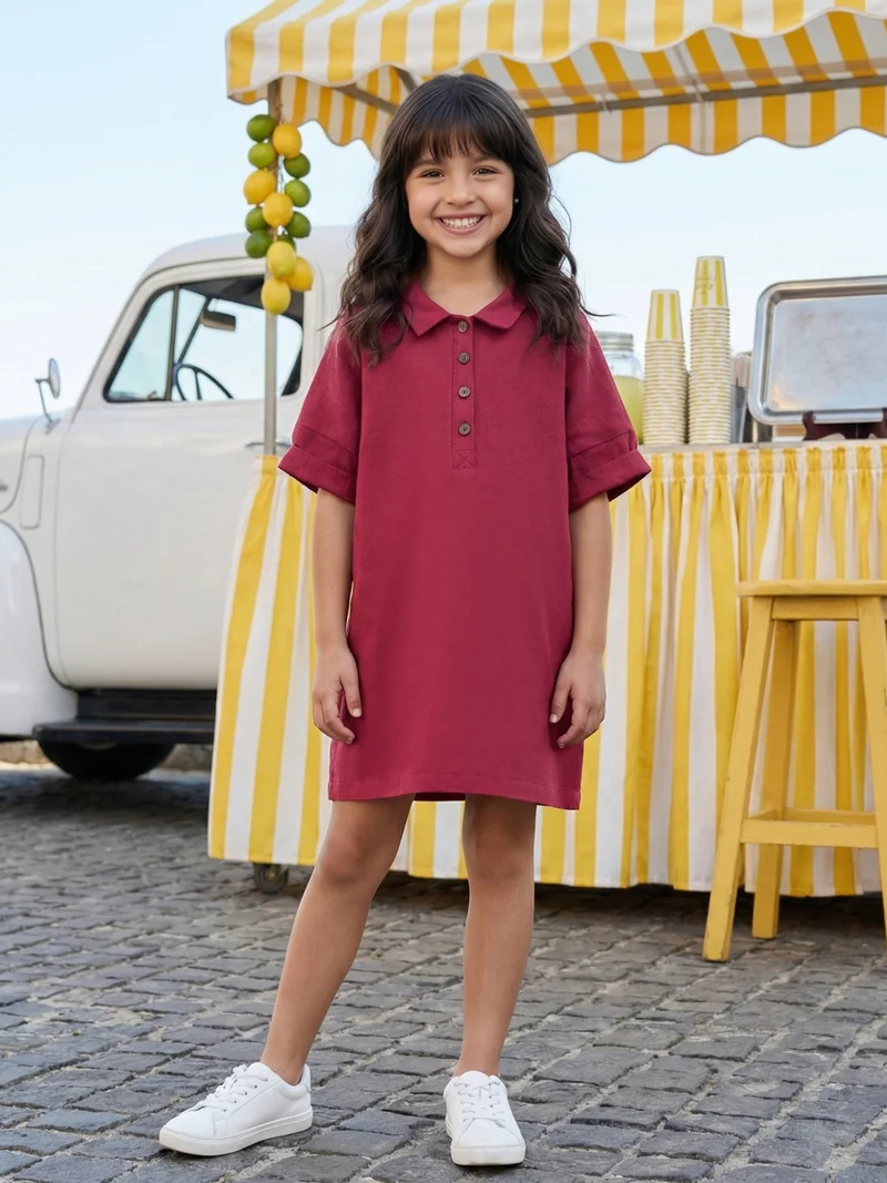 globus Globus Girls Red Collared Neck Short Sleeves A-Line Straight Hem Mini Dress