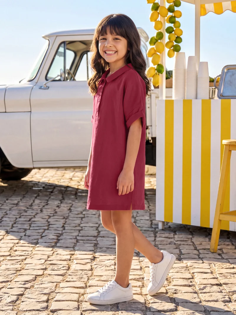 جلو باص Globus Girls Red Collared Neck Short Sleeves A-Line Straight Hem Mini Dress