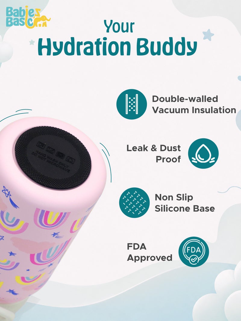Babies Basic Kids Stainless Steel Water Bottle with Straw - 350ml – Double Wall Vacuum Insulated, Leakproof Thermal Flask, BPA-Free, Reusable Drinking Bottle for School & Travel - Rainbow Themed - Pink - Image 5