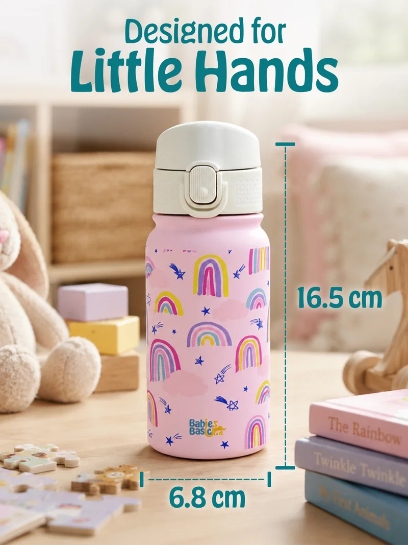 Babies Basic Babies Basic Kids Stainless Steel Water Bottle with Straw - 350ml – Double Wall Vacuum Insulated, Leakproof Thermal Flask, BPA-Free, Reusable Drinking Bottle for School & Travel - Rainbow Themed - Pink