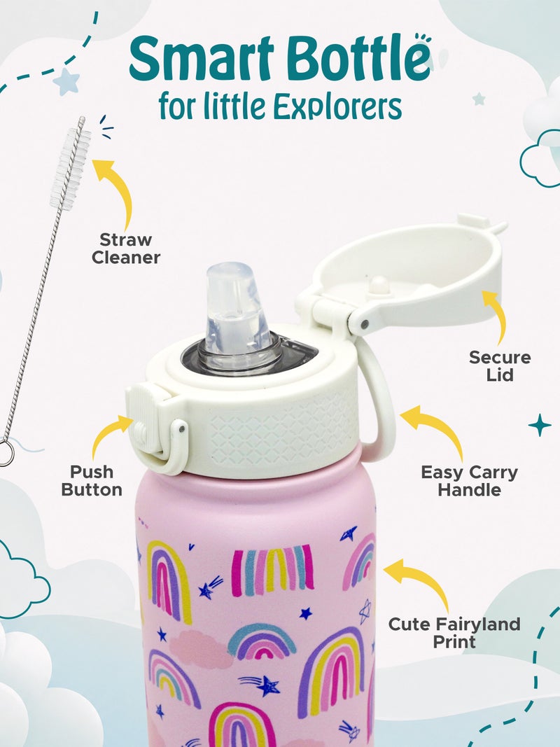 Babies Basic Kids Stainless Steel Water Bottle with Straw - 350ml – Double Wall Vacuum Insulated, Leakproof Thermal Flask, BPA-Free, Reusable Drinking Bottle for School & Travel - Rainbow Themed - Pink - Image 4