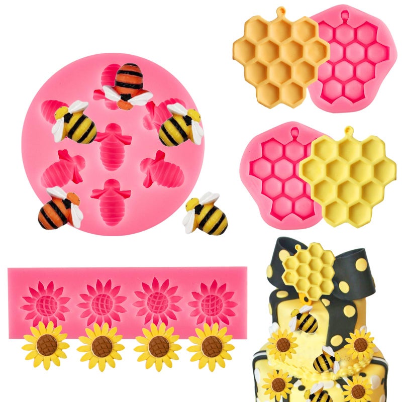 Ocmoiy 4 Pieces Bumble Bee Silicone Mold Honeycomb Sunflower and Bee Fondant Molds for Cupcake Cake Decorating Sugar Chocolate Candy Baking Mold - Image 4