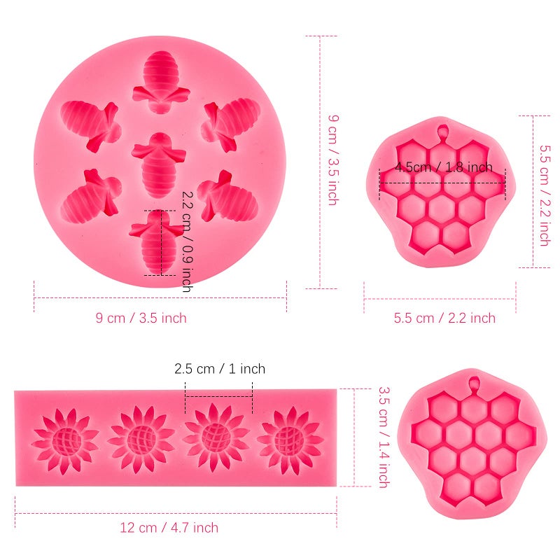 Ocmoiy 4 Pieces Bumble Bee Silicone Mold Honeycomb Sunflower and Bee Fondant Molds for Cupcake Cake Decorating Sugar Chocolate Candy Baking Mold - Image 2