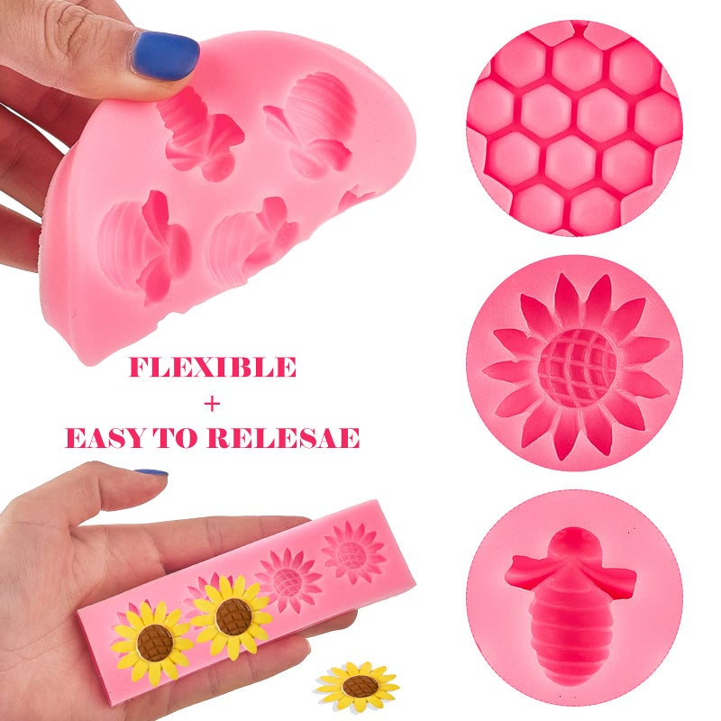Ocmoiy 4 Pieces Bumble Bee Silicone Mold Honeycomb Sunflower and Bee Fondant Molds for Cupcake Cake Decorating Sugar Chocolate Candy Baking Mold - Image 3