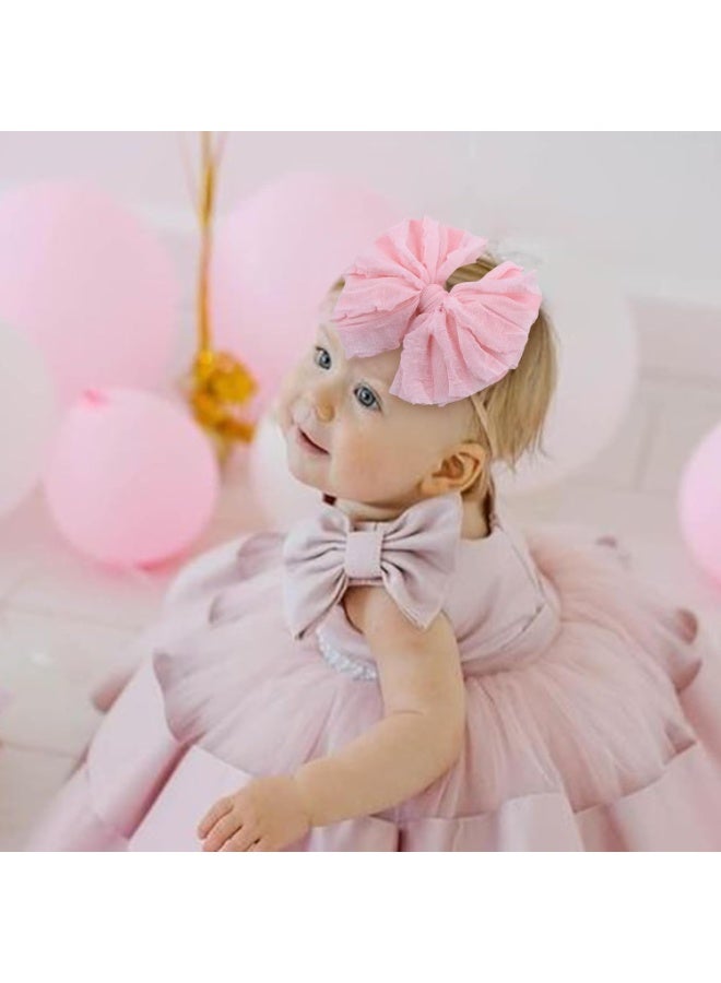 SYOSI Baby Girl Headbands, Nylon Lace Hair Bows with Soft Elastic, Handmade Ruffled Big Bow Accessories for Newborn, Infant, Toddler Girls, Stretchable Baby Hair Decor in Multi-Color Assortment - Image 4