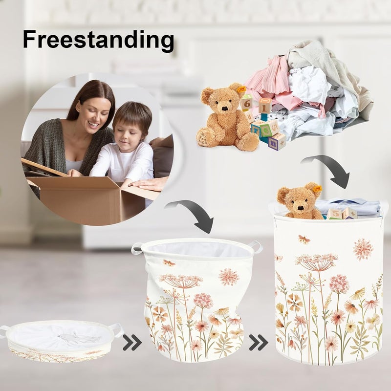 Clastyle 63L Large Boho Flower Plants Kid Laundry Hamper with Handle Girl Bedroom Bathroom Nursery Collapsible Clothes Toy Storage Basket with Lid - Image 3