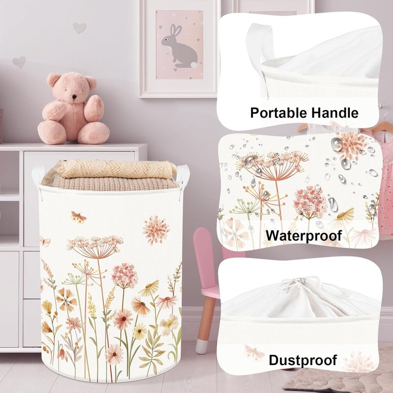 Clastyle 63L Large Boho Flower Plants Kid Laundry Hamper with Handle Girl Bedroom Bathroom Nursery Collapsible Clothes Toy Storage Basket with Lid - Image 4