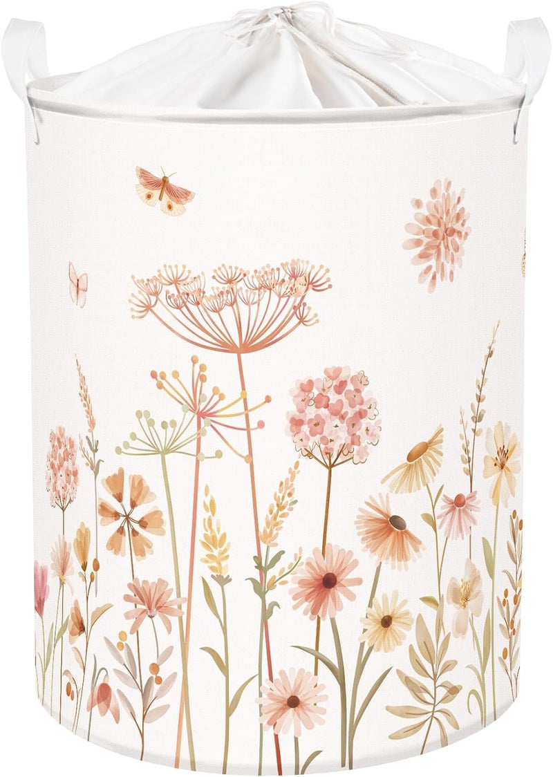 Clastyle 63L Large Boho Flower Plants Kid Laundry Hamper with Handle Girl Bedroom Bathroom Nursery Collapsible Clothes Toy Storage Basket with Lid - Image 1