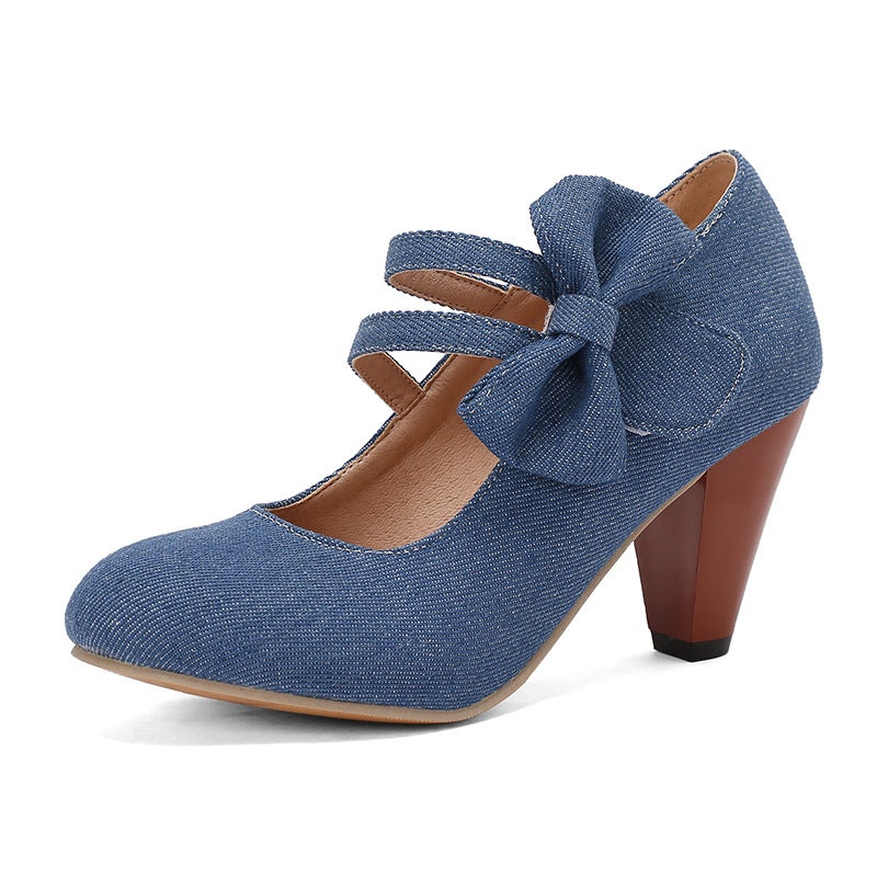 2024 Spring Classic Round Heels 31-48 Denim Bow Shallow Mouth Shoes - Image 1