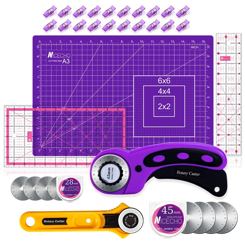 Rotary Cutter SetNicecho Sewing Quilting Supplies45mm  28 mm Fabric Cutters8 Rotary Cutter BladesA3 Cutting Mat for Sewing6x12  25x12 In Quilting RulersIdeal Quilt kits for Lovers  Beginners